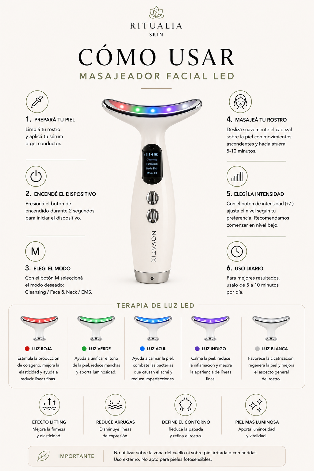 Masajeador Facial 7 Luces LED Reafirmante para Papada, Rostro y Cuello + Sérum de Regalo