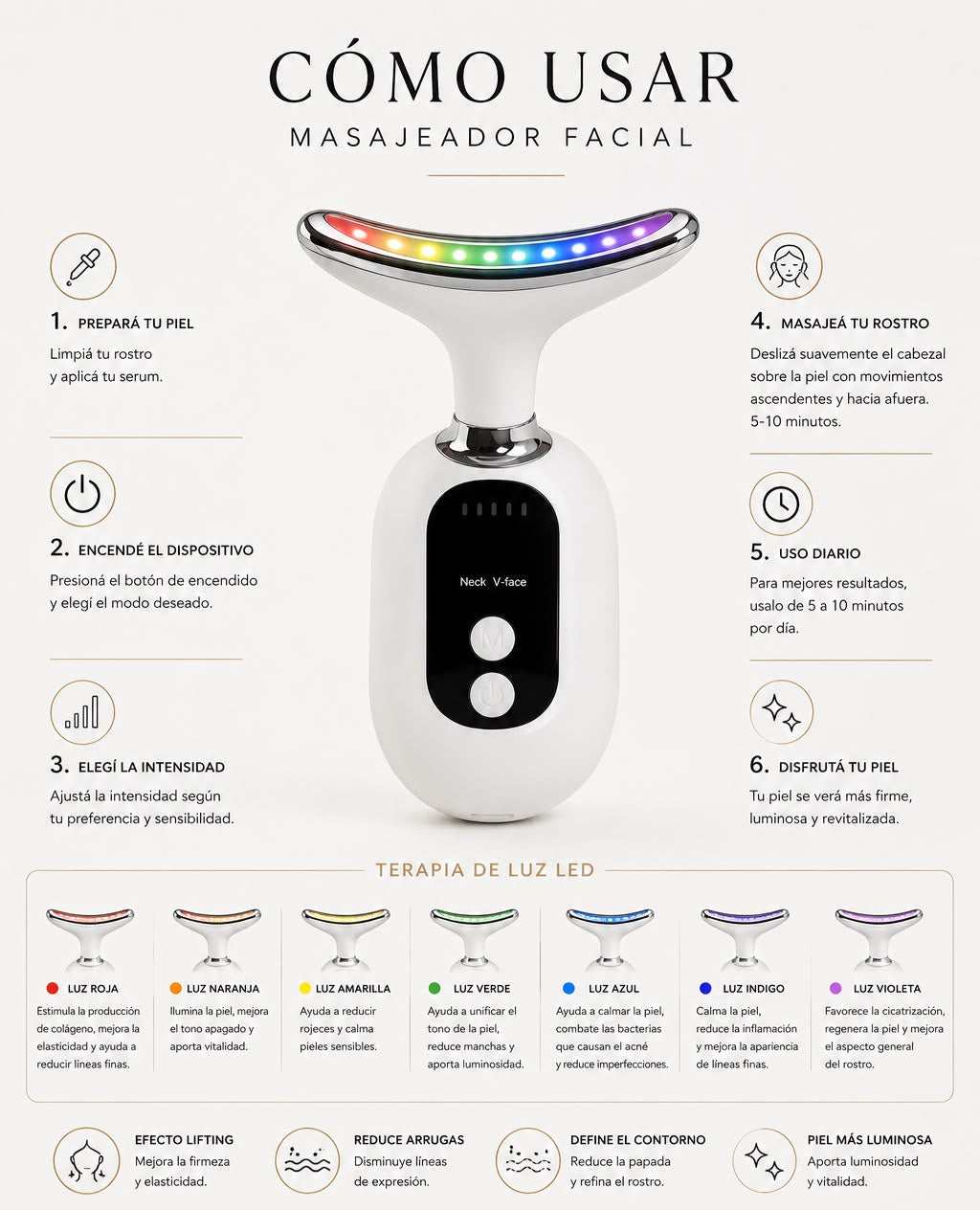Masajeador Facial LED Reafirmante para Papada, Rostro y Cuello + Sérum de Regalo